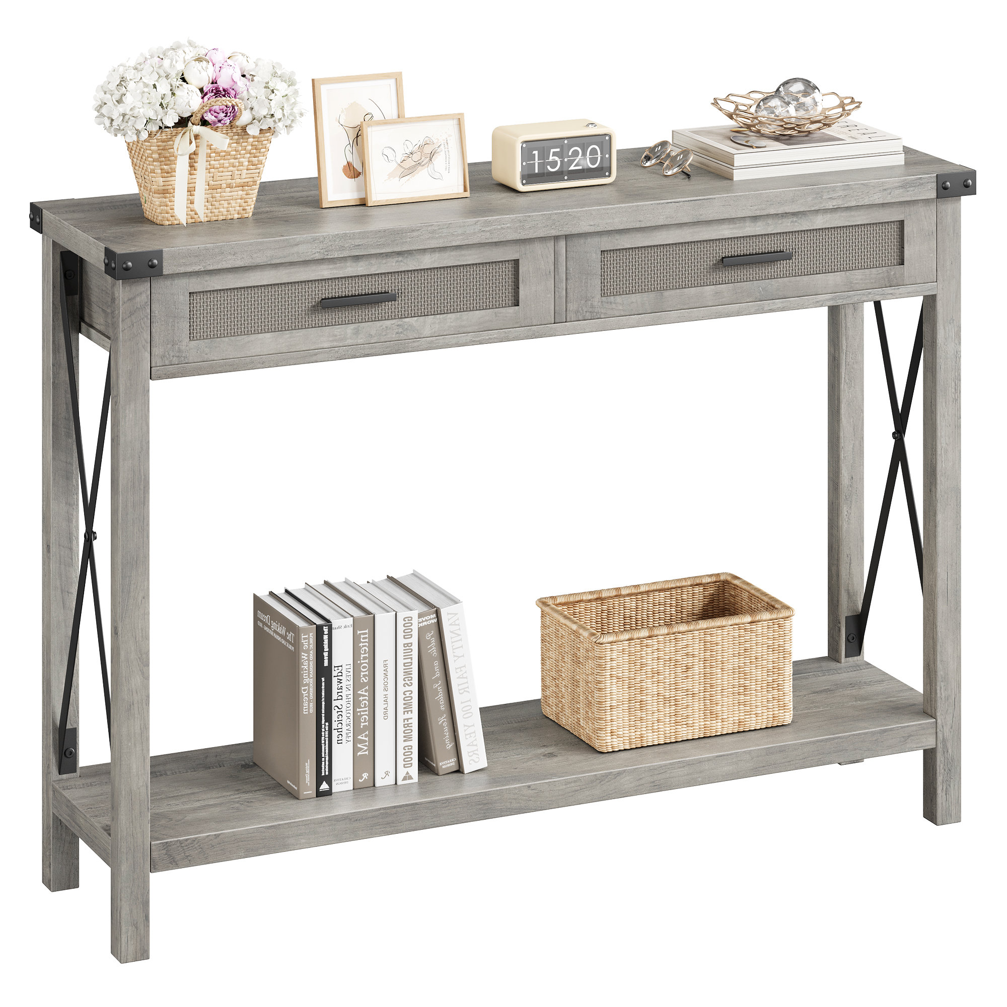 17 Stories Farmhouse Entryway Table With Rattan Drawers, Console Table